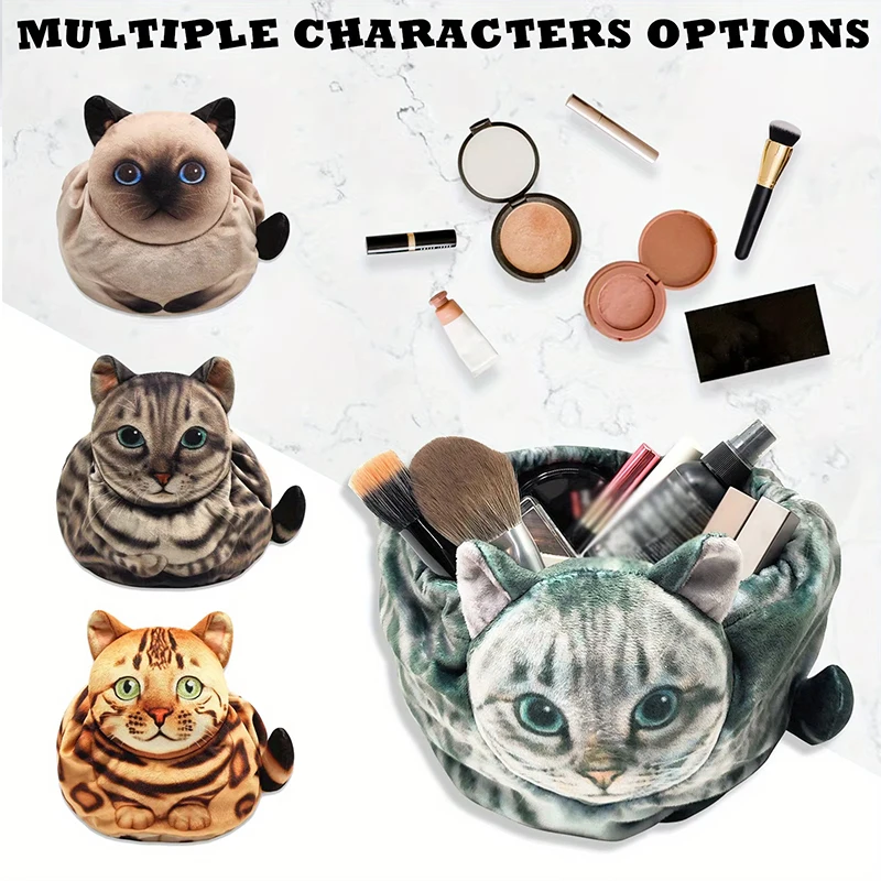 Skincare Animate - 猫型化粧品収納バッグ、かわいいトラベルサイズのメイクアップ/スキンケアオーガナイザーポーチ、巾着開閉、猫愛好家へのギフトバッグ
