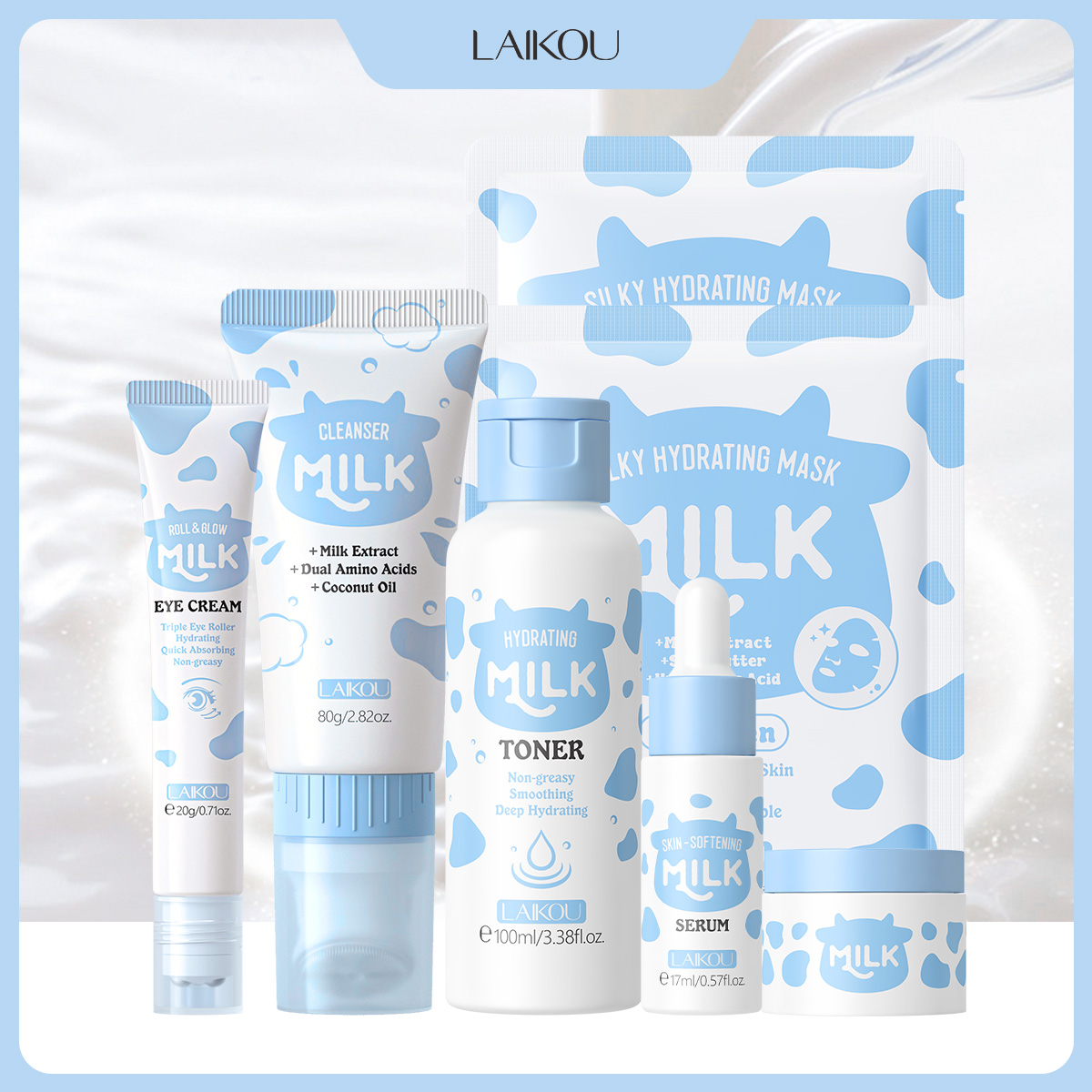 Skincare Glow Glowing - LAIKOU 6点入りミルク保湿スキンケアセット クレンザー、化粧水、肌柔軟化美容液、ロール＆グローアイクリーム、シルキー保湿マスク、フェイシャルK